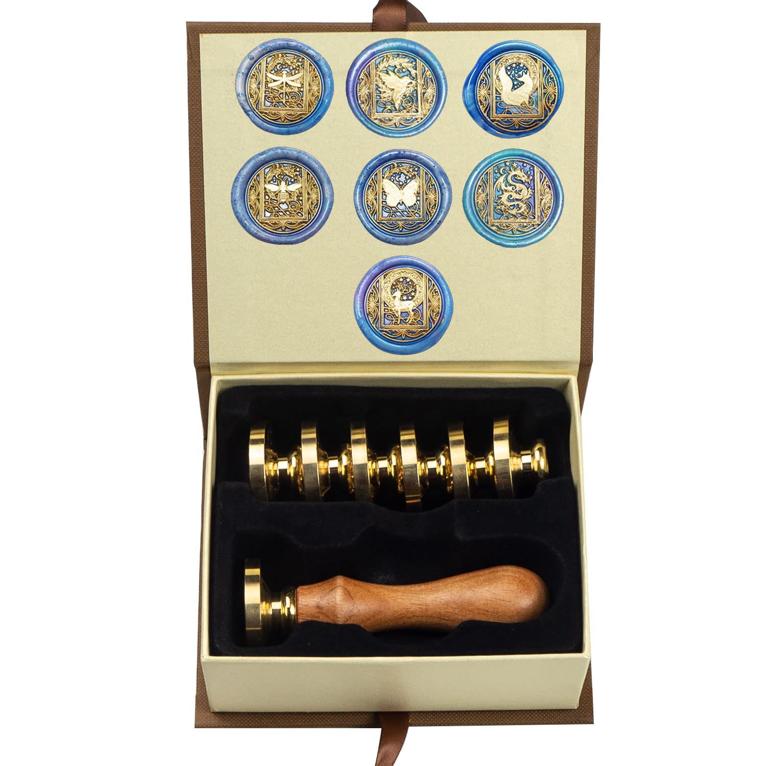 Wax Seal Stamp kit, ANBOSE Animal Wax Seal Stamp Set with 7 PCS Removable Brass Heads and 1 Wooden Handle, Starry Butterfly Dragonfly Bee Dragon Sealing Wax Stamp for Cards Invitations โ image 1