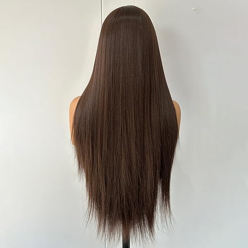 Miniatura 7 de UNIQUEWIG Pelucas de cabello sintético lacio y sedoso de 24 pulgadas, color marrón oscuro, pelucas de cosplay resistentes al calor, sin pegamento,