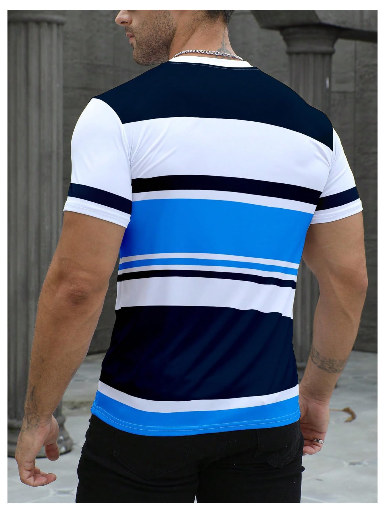 Floerns Camiseta de manga corta con cuello redondo y estampado de rayas para hombre