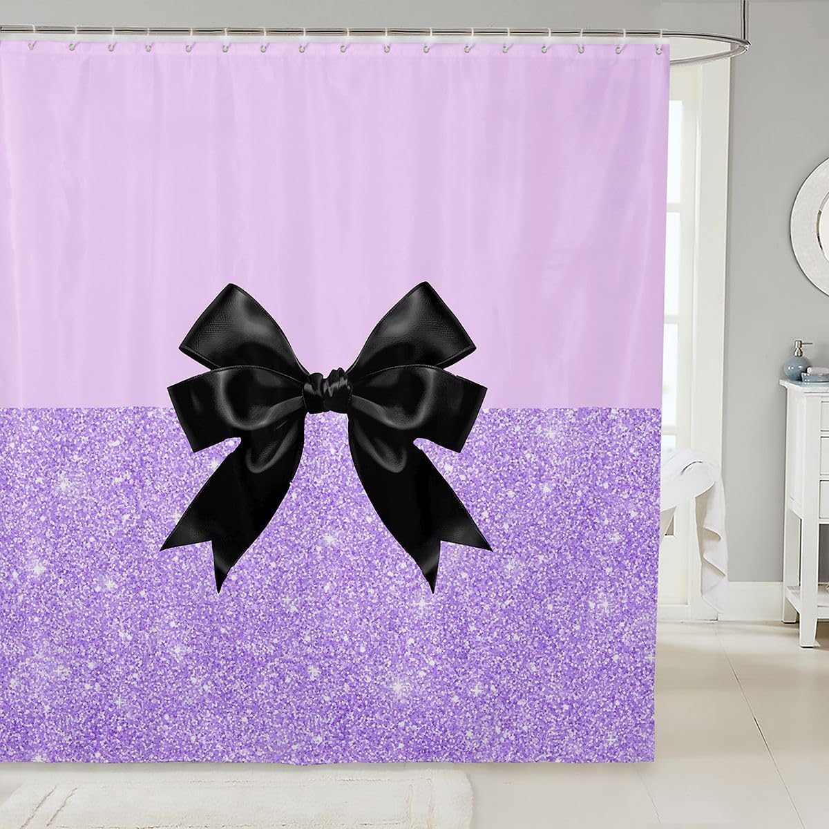 Feelyou Purple Glitter Bow Shower Curtain for Bathroom Decor Pretty Girly Bowknot Bath Curtain for Stalls Bathtubs Fashion Bow Bathroom Accessories Waterproof Polyester Fabric with 12 Hooks 72"x72"