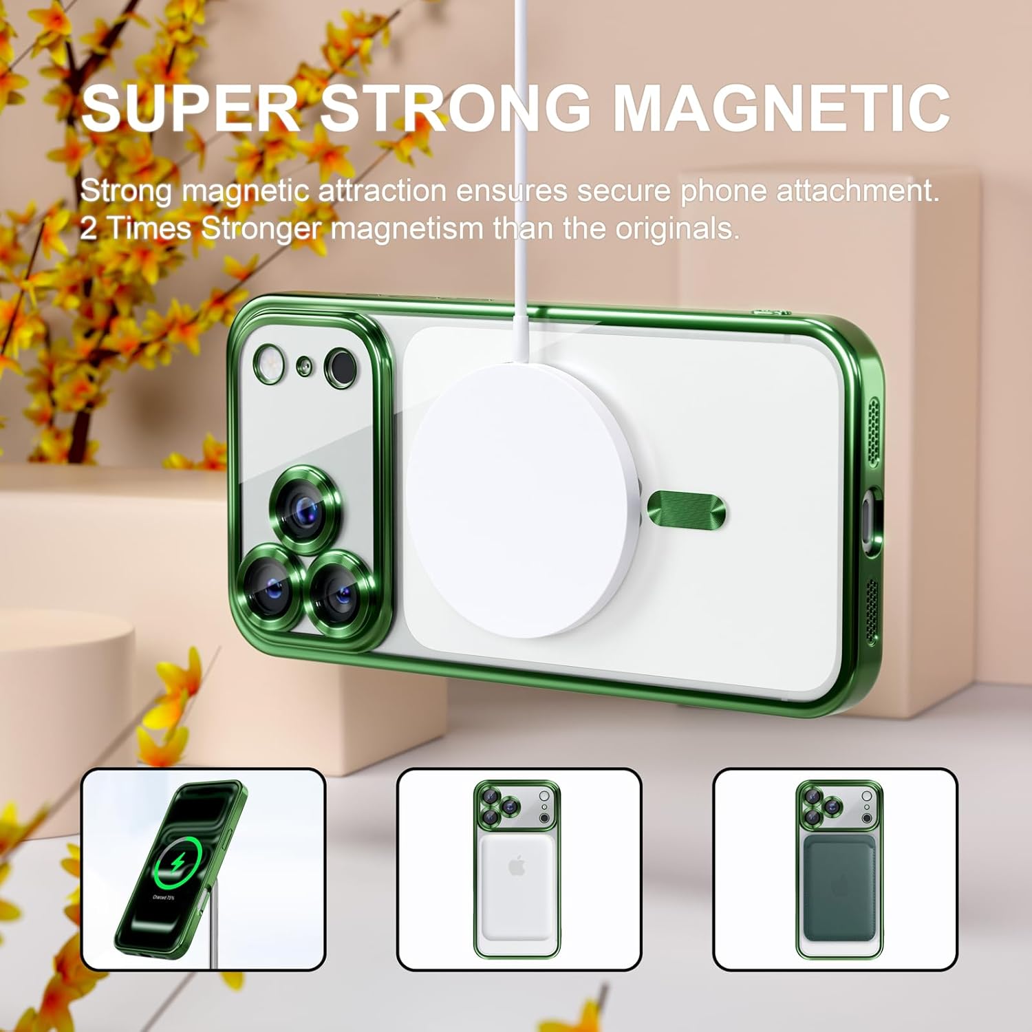Misea Magnetic for iPhone 17 Pro Case Compatible with MagSafe [Never Yellowing] [Military Grade Drop Protection] Full Camera Lens Protector Plating Soft Clear Phone Case for Women, Green - Image 5