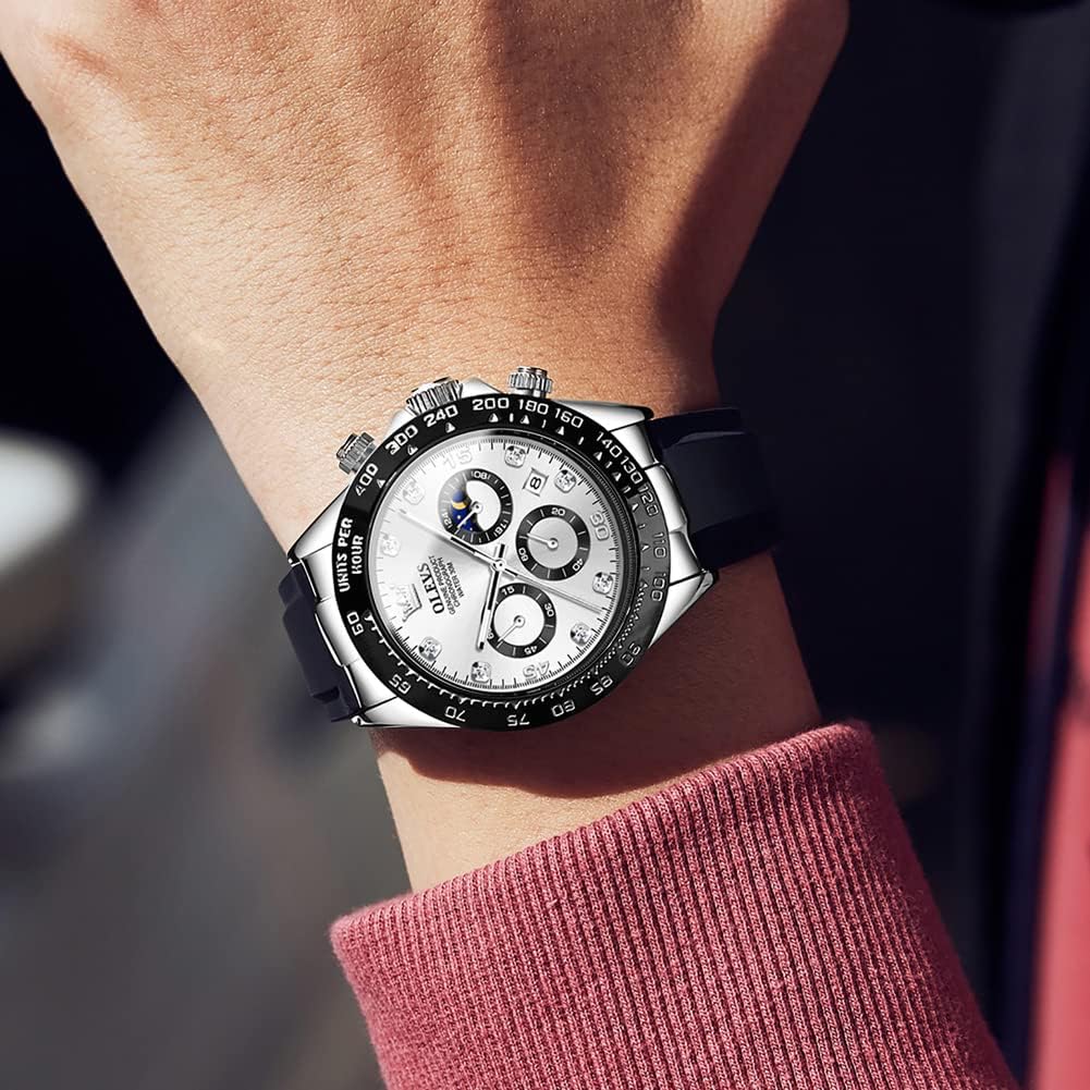 OLEVS Men's Watches Chronograph Multifunction Sport Silicone Luxury Diamond Moon Phase Quartz Male Watch Waterproof Wrist Watch - Image 2