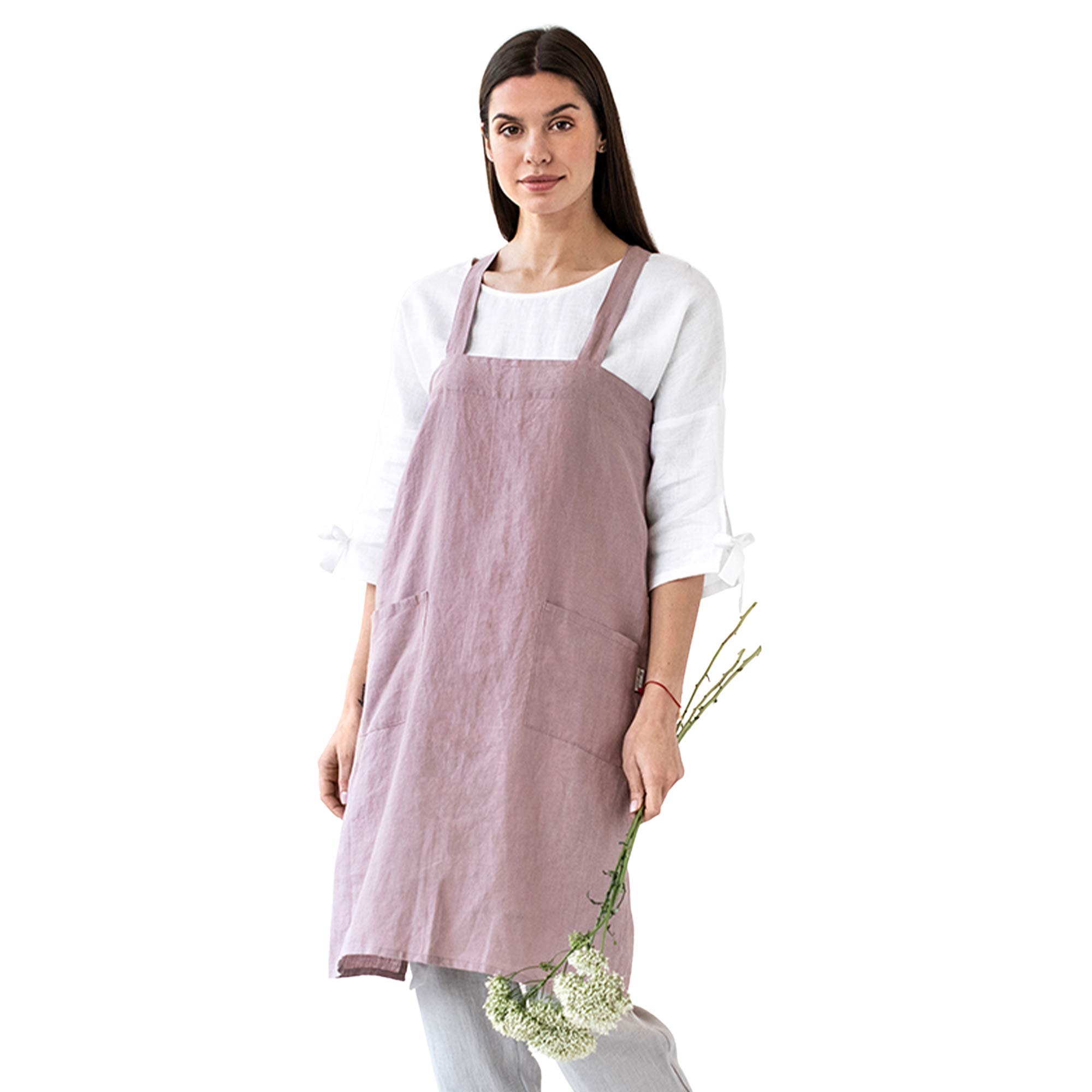 MagicLinen Japanese Style Linen Apron with Front Pockets, Solid Color Woodrose, S-XXL Size, Handmade in Europe (XXL)