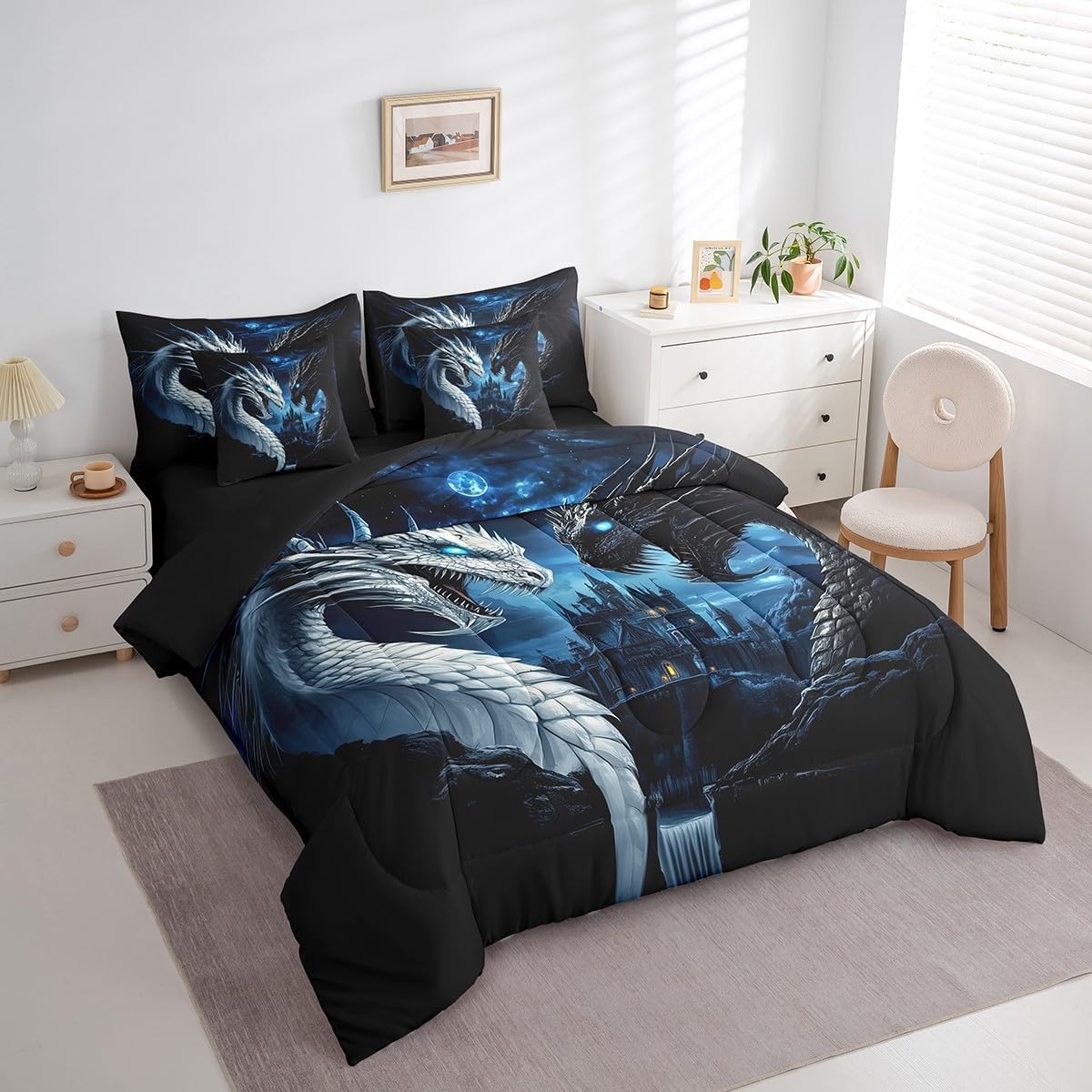 3D Dragon 7Pcs Comforter Set King,Black and White Dragon Bedding Set,Moonlight Castle Fitted Flat Sheet,Kids Boys Teens Adult Room Decor,Magical Western Wild Animals 2 Pillow Cover,2 Pillowcases - Image 3