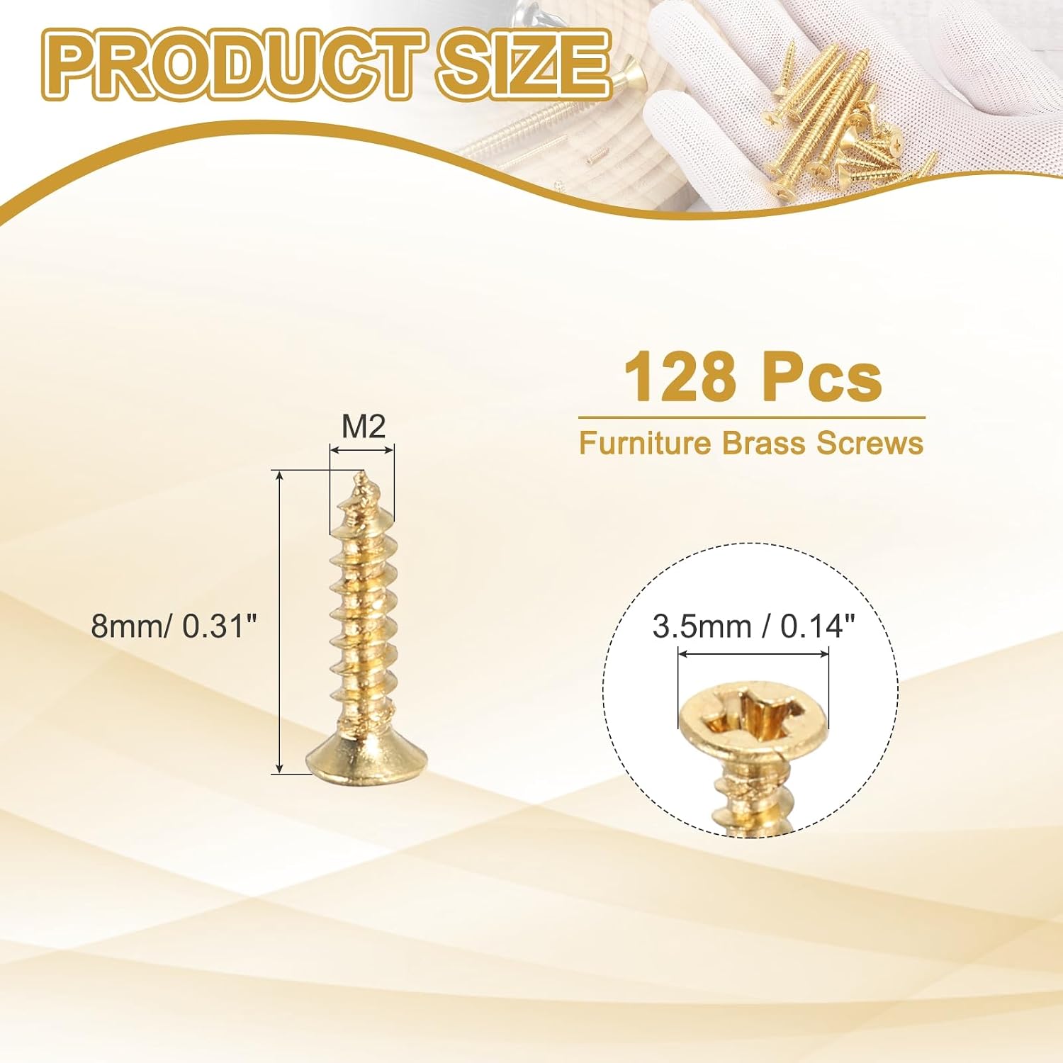 MECCANIXITY Brass Phillips Wood Screws, M2 x 8mm Brass Phillips Flat Wood Screws Self-Tapping Furniture Connector for Door Hinges, Wood Crafts and DIY Projects,(Gold Tone, Pack of 128)