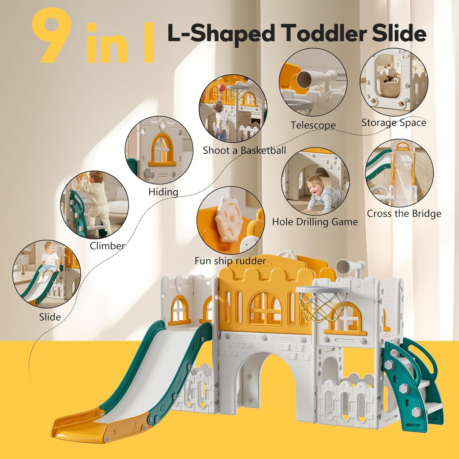 9 in 1 Toddler Slide,Kids Slide Playset for Toddler,Indoor Outdoor Slide Toddler Playset with Ball & Hoop, Storage Space and Non-Slip Steps,Gift for Boys and Girls 1-6 Years (Green Orange)