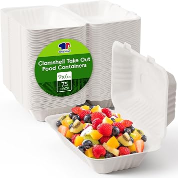 JOLLY CHEF 75 Pack 9 x 6 Inch Bagasse Clamshell Takeaway Boxes Heavy Duty