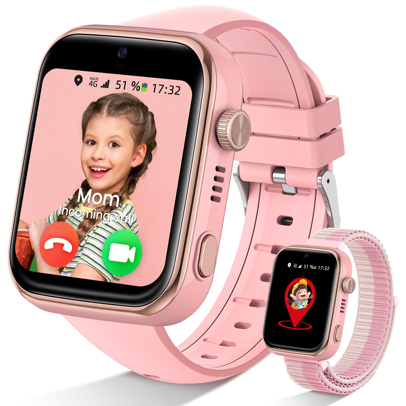 Pietraud 4G Migliorata Smartwatch Bambini con Chiamate/GPS, Rosa | Videochiamate, Chat Vocale, WhatsApp, WiFi, SOS, SMS, Impermeabile IP68, Modalità Scuola e Contapassi Regalo Bambini