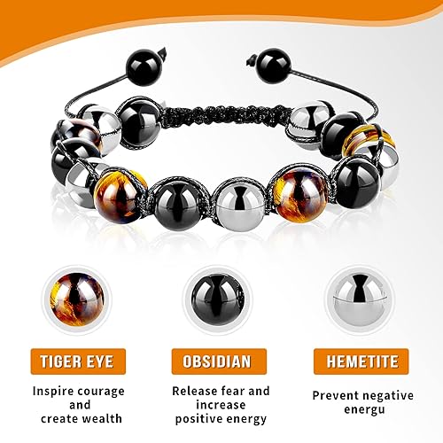 Miniatura 5 de Triple Protection Bracelet MenWomen Christmas Gift Bracelet, Tiger Eye, Obsidian, Hematite, 10mm Pure Natural Healing Crystal Bracelet, Bring Good