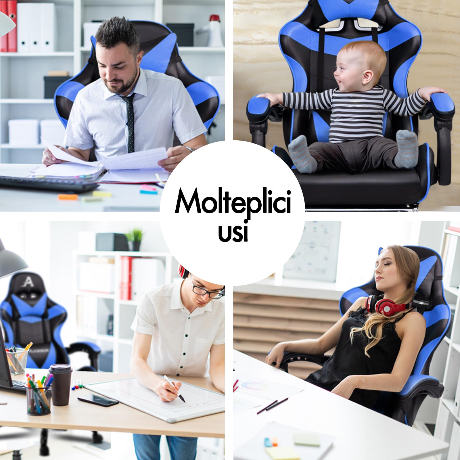 ALFORDSON Sedia Gaming Massaggiante, Sedia Gamer Professionale, Cuscino Lombare & Poggiatesta, Poltrona Ergonomica da Ufficio con Poggiapiedi, Portata 180 kg, Regolabile 90-150°, Similpelle(Blu)