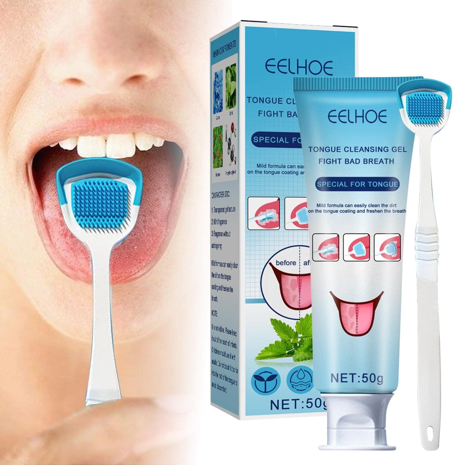 Tongue Tung Cleaner Gel with Brush | Frisch Mint Oral Care Removes Gel for Bad Breath, Oral Odor Frisch Breath Tongue Coating Cleaning for Adults