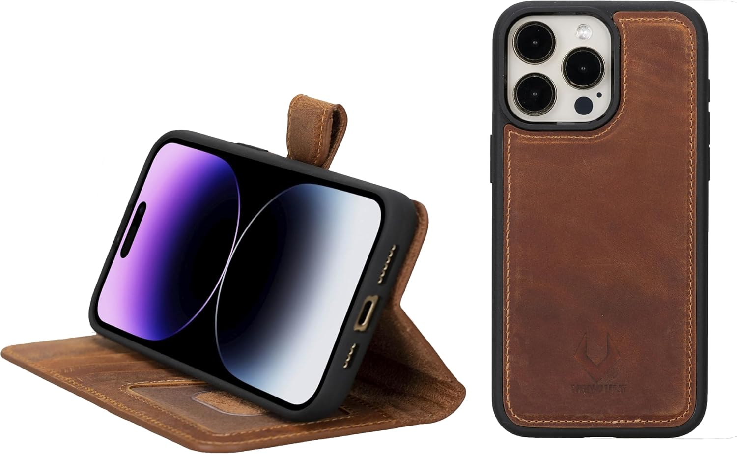 VENOULT Detachable Wallet Case for iPhone 15 Pro, 4 Card Holder Wallet, Man or Women Folio Cover, Compatible with Magsafe, RFID, Genuine Leather, Kick Stand (Almond Brown, iPhone 15 Pro)