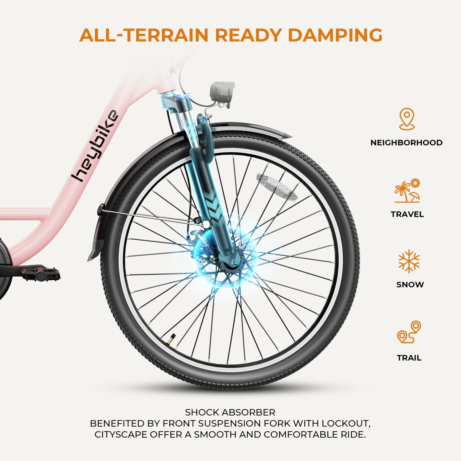 Heybike Cityscape Electric Bike 350W(Peak 500W) Electric City Cruiser Bicycle Up to 40 Miles 23MPH Removable Battery, 7-Speed and Dual Shock Absorber, 26 Electric Commuter Bike for Adults