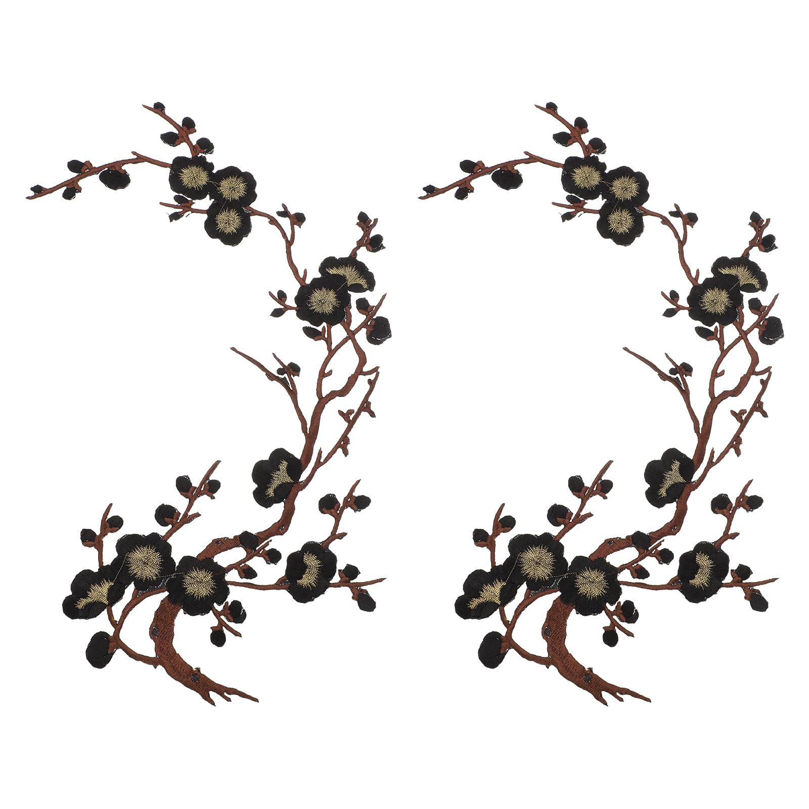 sourcing map 2 Pcs Plum Blossom Iron-on Patches, Flower Embroidery Appliques Sew on Patch Decoration Applique for Holes Jeans Dress Backpack Hats DIY Clothes, Black Gold