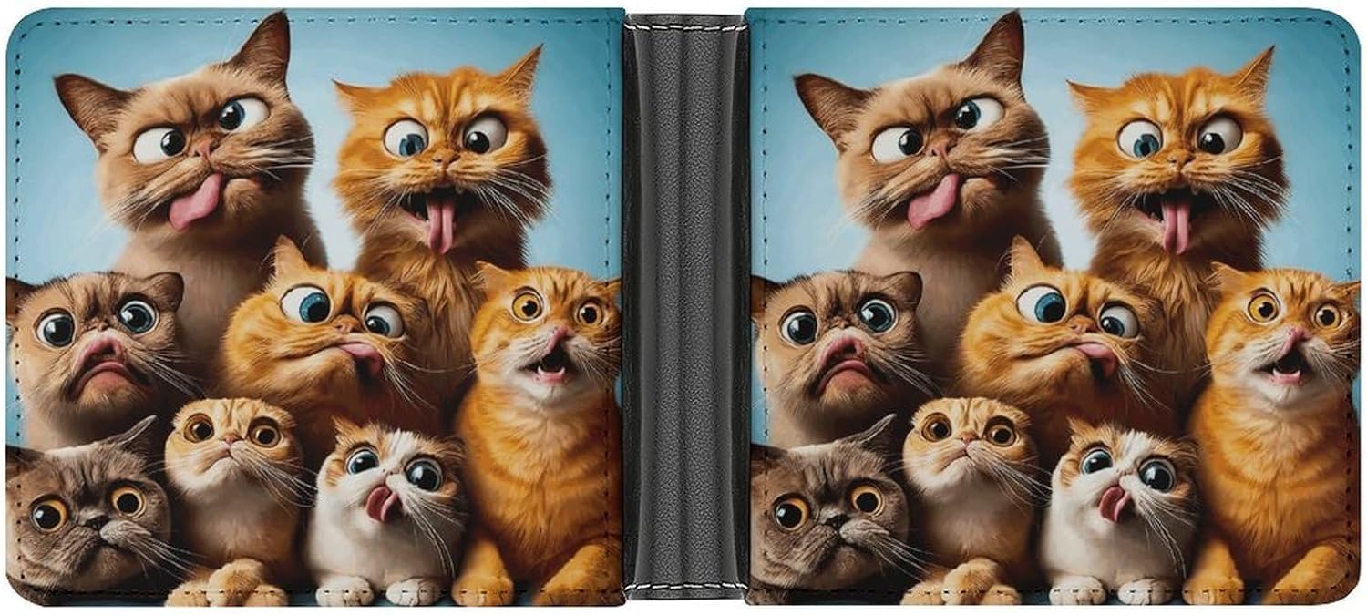 Leather Wallet for Men, Slim Bifold Credit, Funny Cats