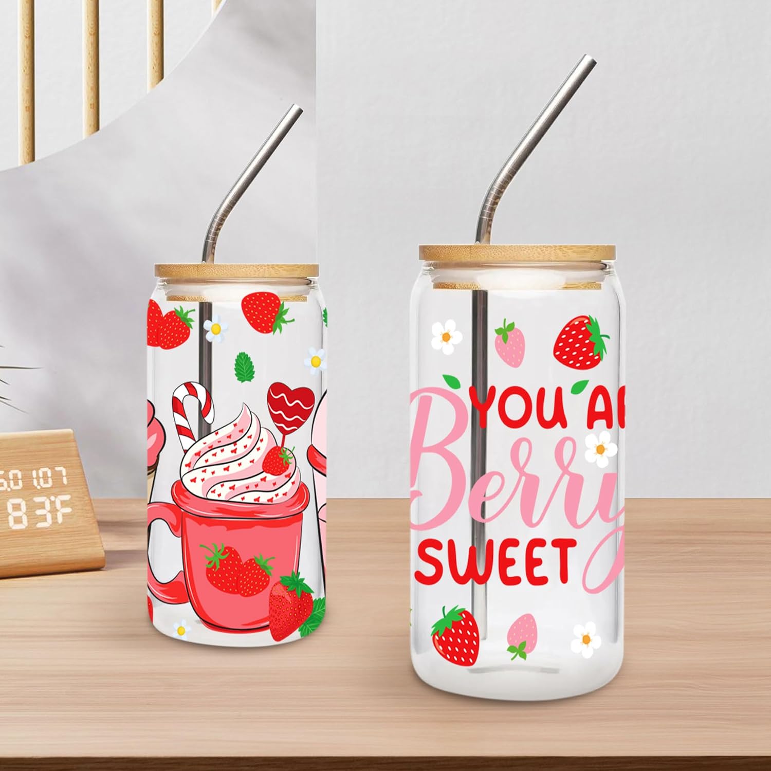 UV DTF Cup Wrap Transfer - 8 Sheet Strawberry UV DTF Cup Wraps for 16 OZ Glass Tumbler, Strawberry Cake Drink Style UVDTF Cup Wraps, Waterproof Rub on Transfer, DIY Craft for Fruit Lovers