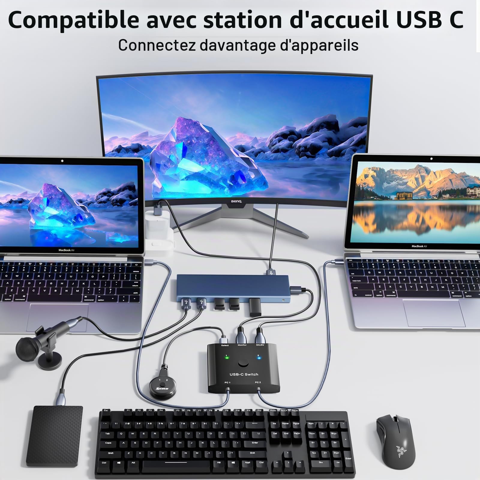 USB C Switch 2 in 1 out, KVM Switch USB-C for 2 Laptops 1 Monitor, 4K@120Hz, 10Gbps, 100W PD, USB3.1 Gen 2, Wired Remote(4K USBC 2 in 1 out KVM)