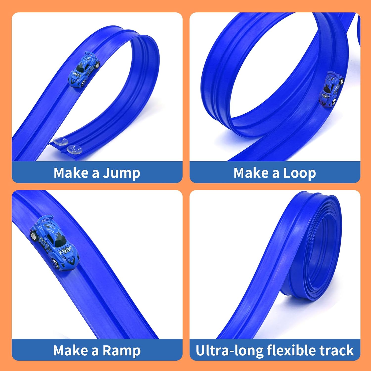 20ft Build Anywhere Portable Race Track with Suction Cups - Flexible Roll-Up Design Fits 1/64 Scale Cars, Portable Toy Gift for Kids 4+ Year Old (2 Tracks/Blue)