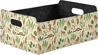 Oyihfvs Seamless Retro Pattern with Leopards and Green Tropical Leaves Rectangle Foldable Felt Storage Bin, Collapsible Cube with Handles Thick Fabric Box Organizer Clothes Supplies for Home Bedroom