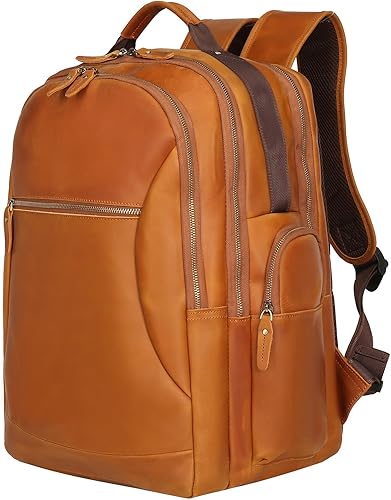 Mochila de cuero de grano completo para hombres, mochila de cuero para laptop de 17.3 pulgadas con puerto de carga USB, bolsa de viaje grande para