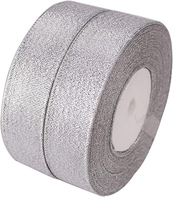 ATRBB 1 Inch Glitter Ribbons,Sparkly Gold/Silver Metallic Color Ribbons for Gifts Wrapping Home Decoration Wedding Party Birthday Wrap Card and DIY Crafts,25 Yards/Roll x 2 Rolls Silver