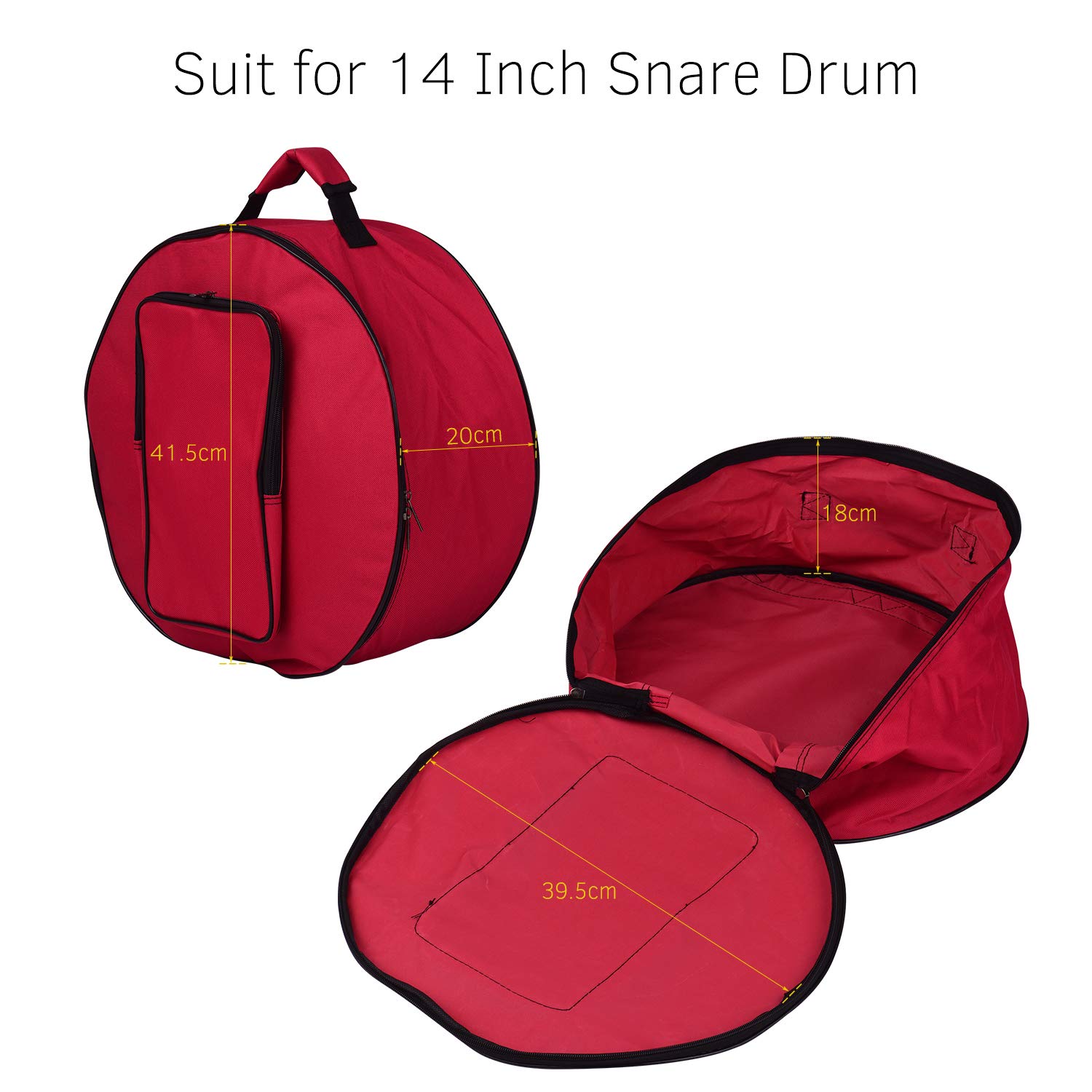 Black Snare Drum Rucksack Hülle, 14 -Zoll -Drum -Beutel mit Schultergurt Nylon Stoff, Außentaschen für Drum Sticks Musiklie Schütze Bequemer Trage (Rot)