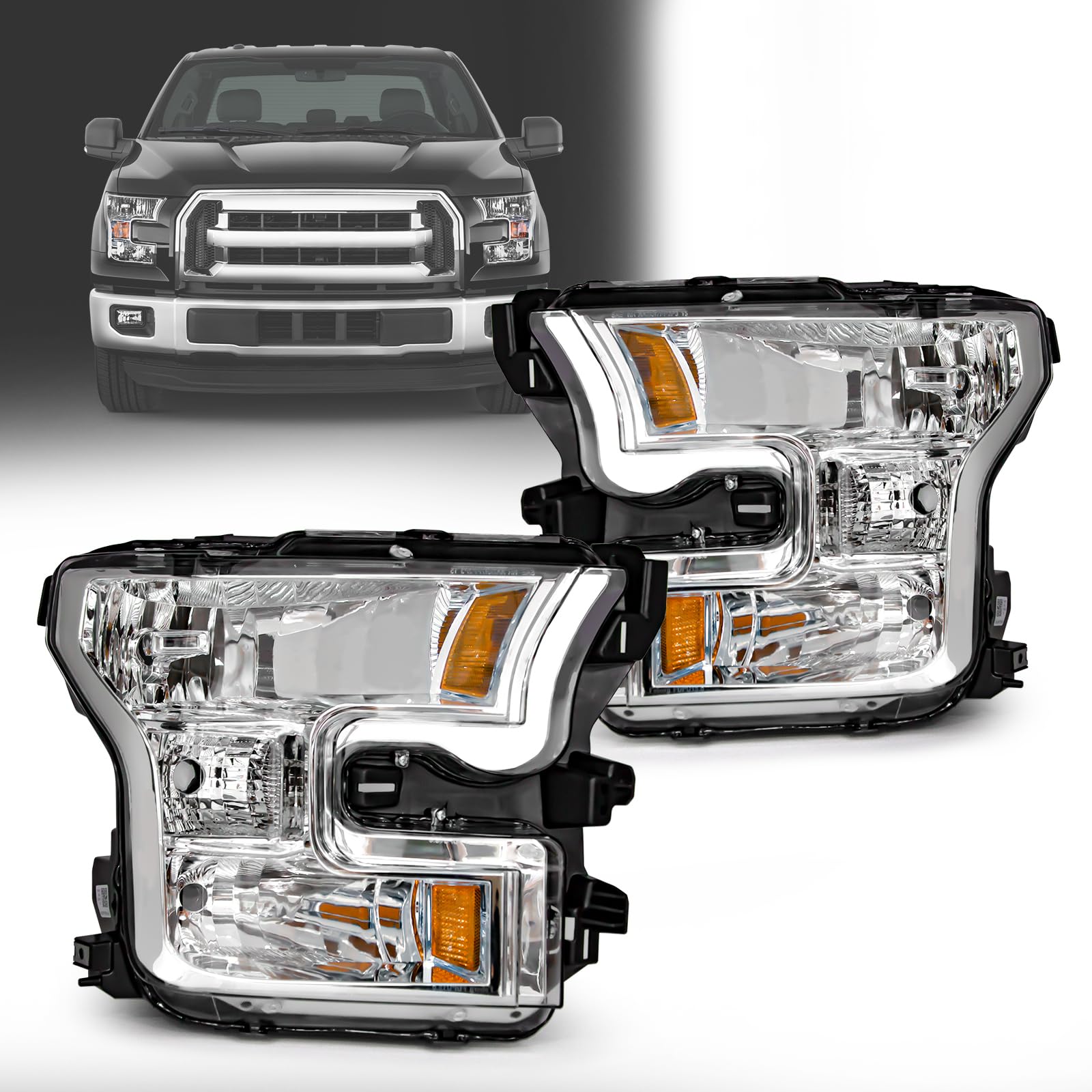 ADCARLIGHTS Headlights Compatible with Ford 2015-2017 F-150 Headlamp with Chrome Housing Amber Reflector Driver and Passenger Side (Not compatible on