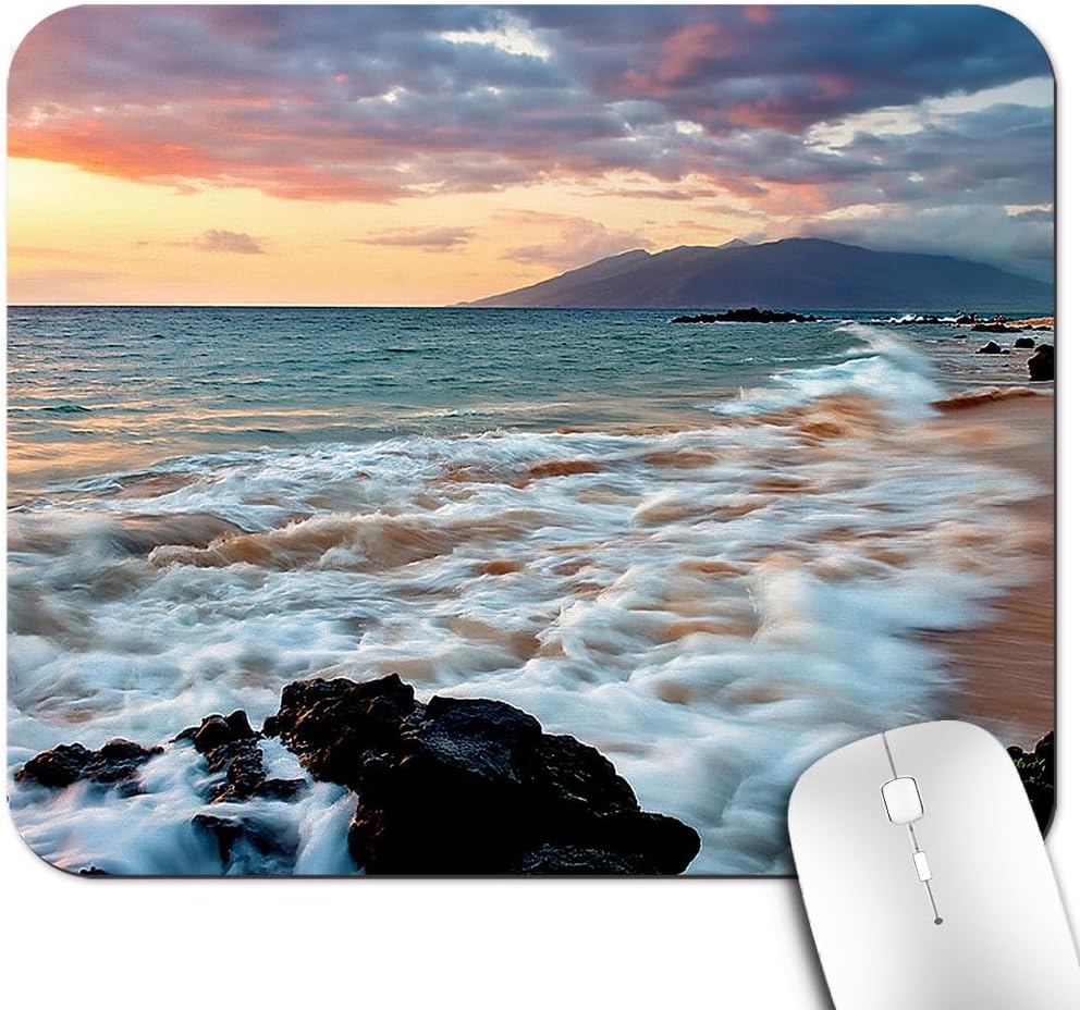 Maui Hawaii Sunset Sea Waves Mouse Pad, Spectacular Nature Scenery Desk Mat