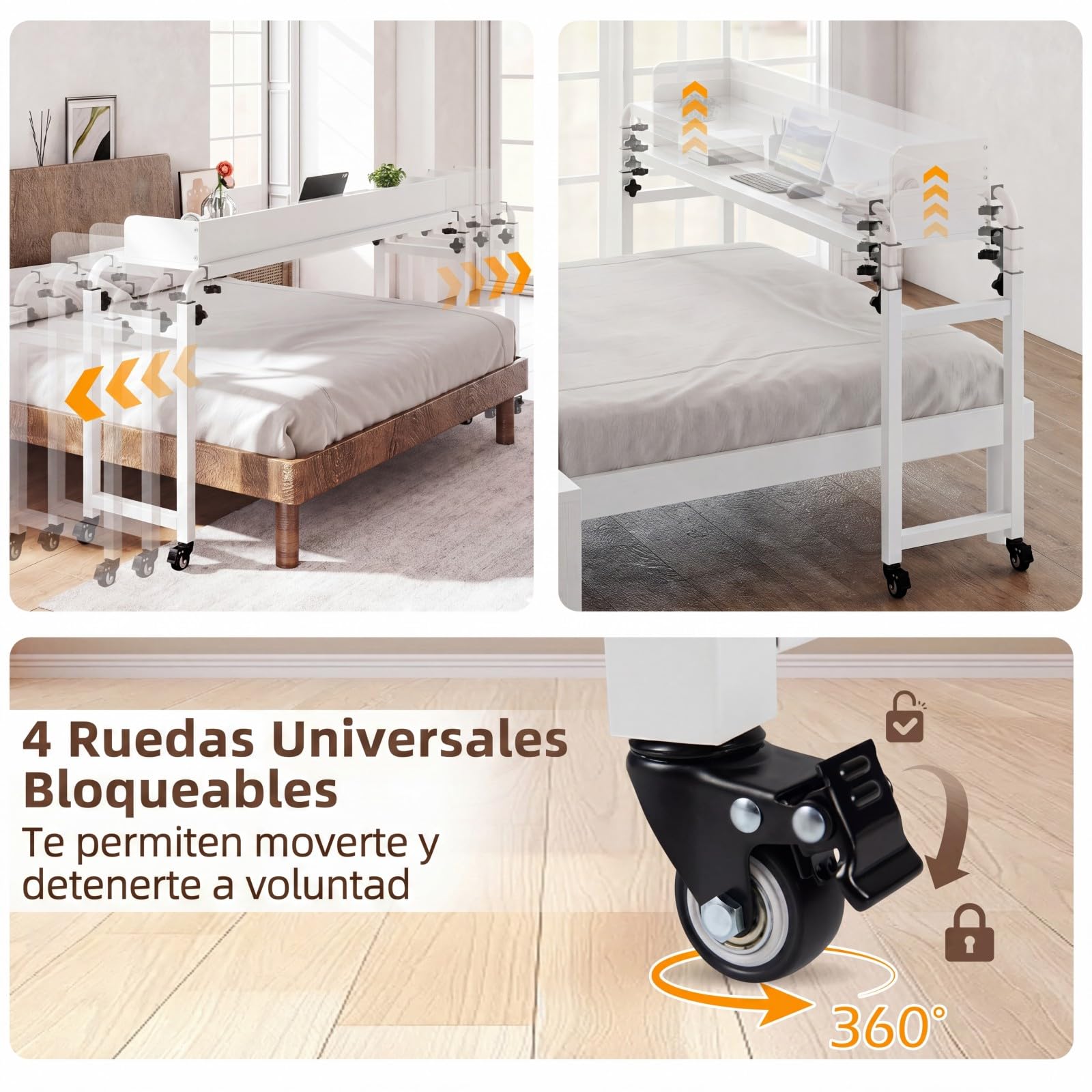COSTWAY Mesa de Sobrecama con Ruedas, Altura y Longitud Ajustables, Escritorio Queen, Marco Metálico, Mesa para Cama, Dormitorio,135,5-206 x 40 x 73,5-102,5 cm (Blanco)