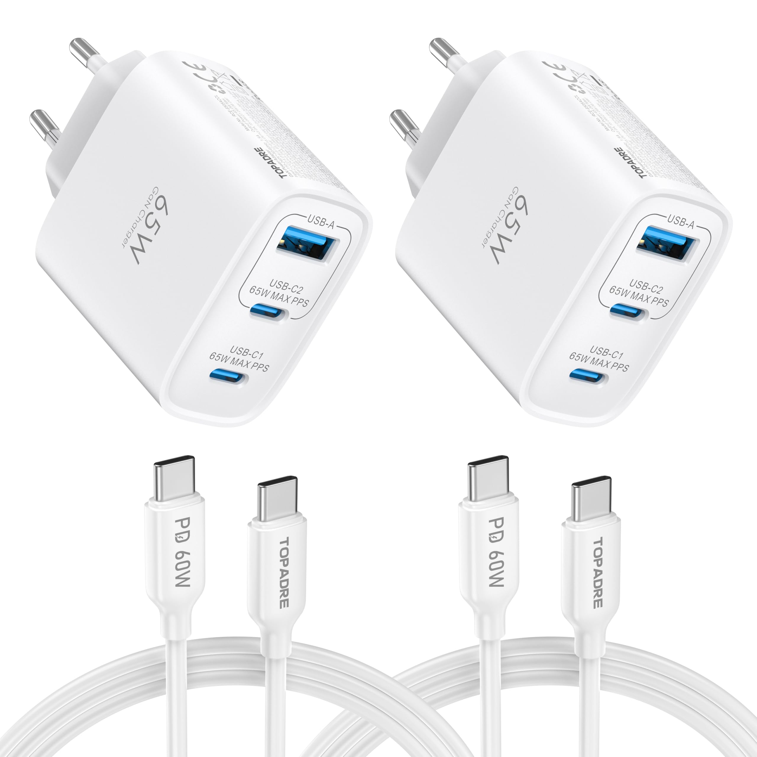 TOPADRE Chargeur USB C 65W, 2 pièces Chargeur Rapide avec 2 câbles 60W (2m)