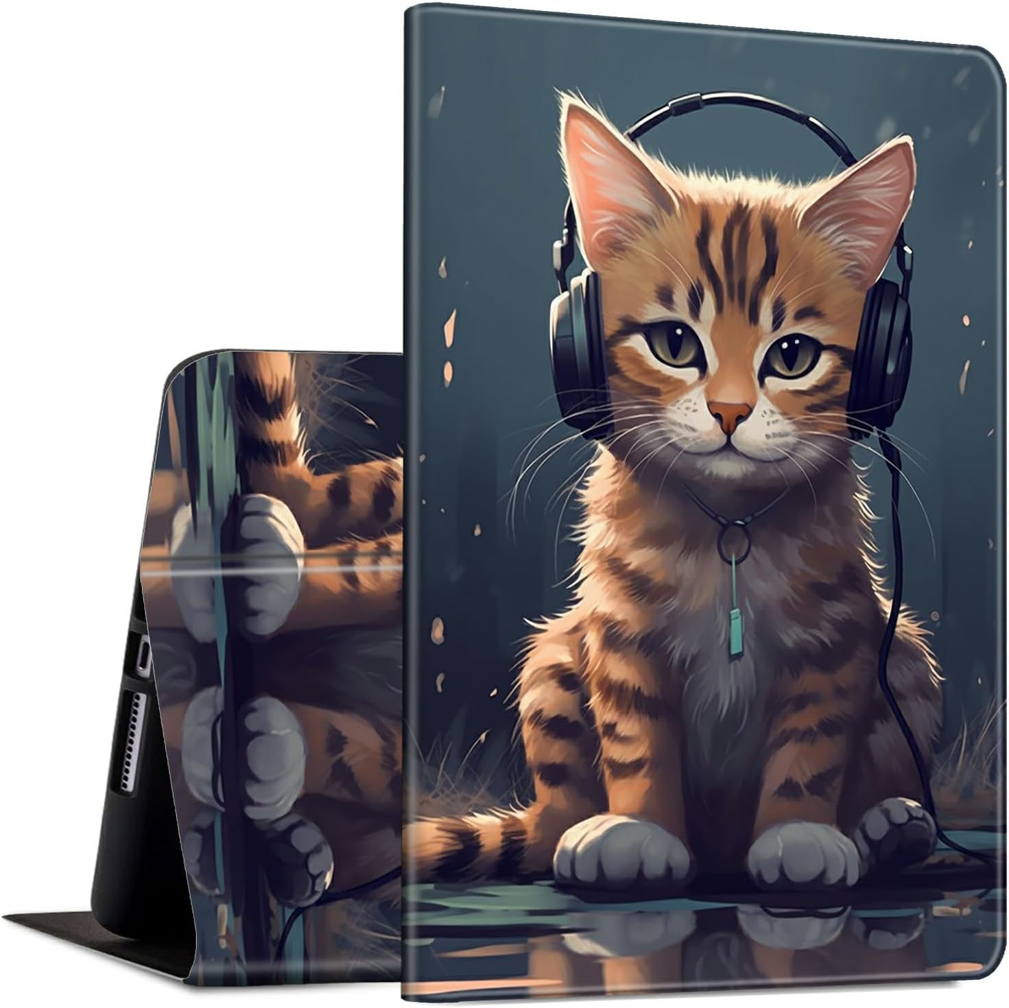 for iPad 10th Generation 10.9 Inch 2022 PU Leather Slim Lightweight Multiple Angles Stand Smart Cover with Auto Wake/Sleep for iPad 10.9 Inch 2022 Tablet,Cat with Headphones