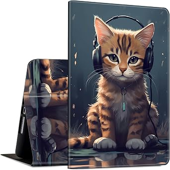 for iPad 10th Generation 10.9 Inch 2022 PU Leather Slim Lightweight Multiple Angles Stand Smart Cover with Auto Wake/Sleep for iPad 10.9 Inch 2022 Tablet,Cat with Headphones