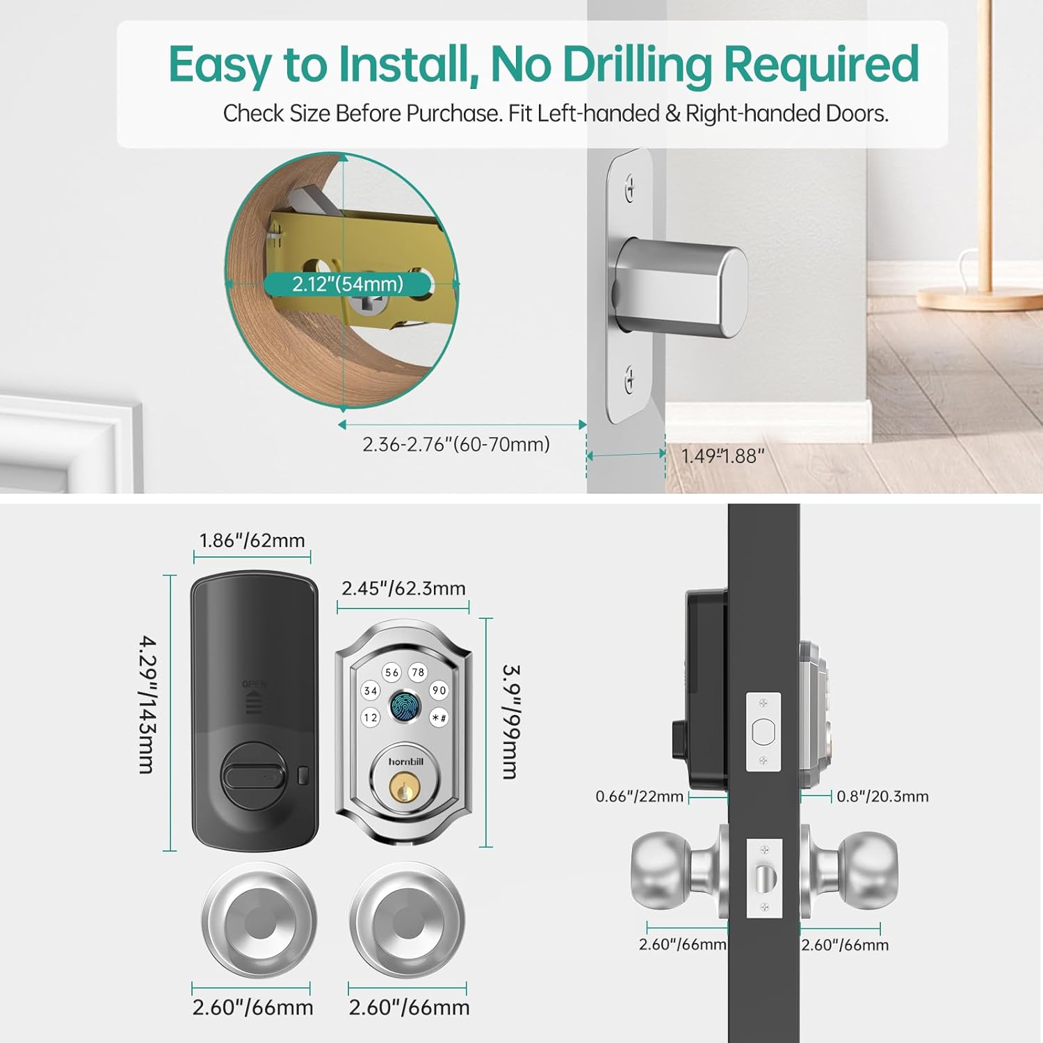 Smart Deadbolt Door Lock Set: Silver Hornbill Keyless Entry Door Knobs with Fingerprint Electronic Digital Bluetooth Door Lock with Keypad Code App Alexa Auto Lock for House Apartment