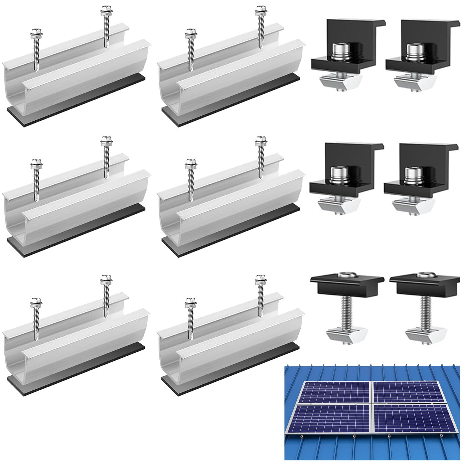 Kit Montage Solaire Aluminium Réglable avec 4 Pinces Extrémité, Supports Panneaux Photovoltaïque, Accessoires Rails Courts Argent 12cm, Support Fixation Solaires pour Toit Plat, Tôle Trapézoïdale