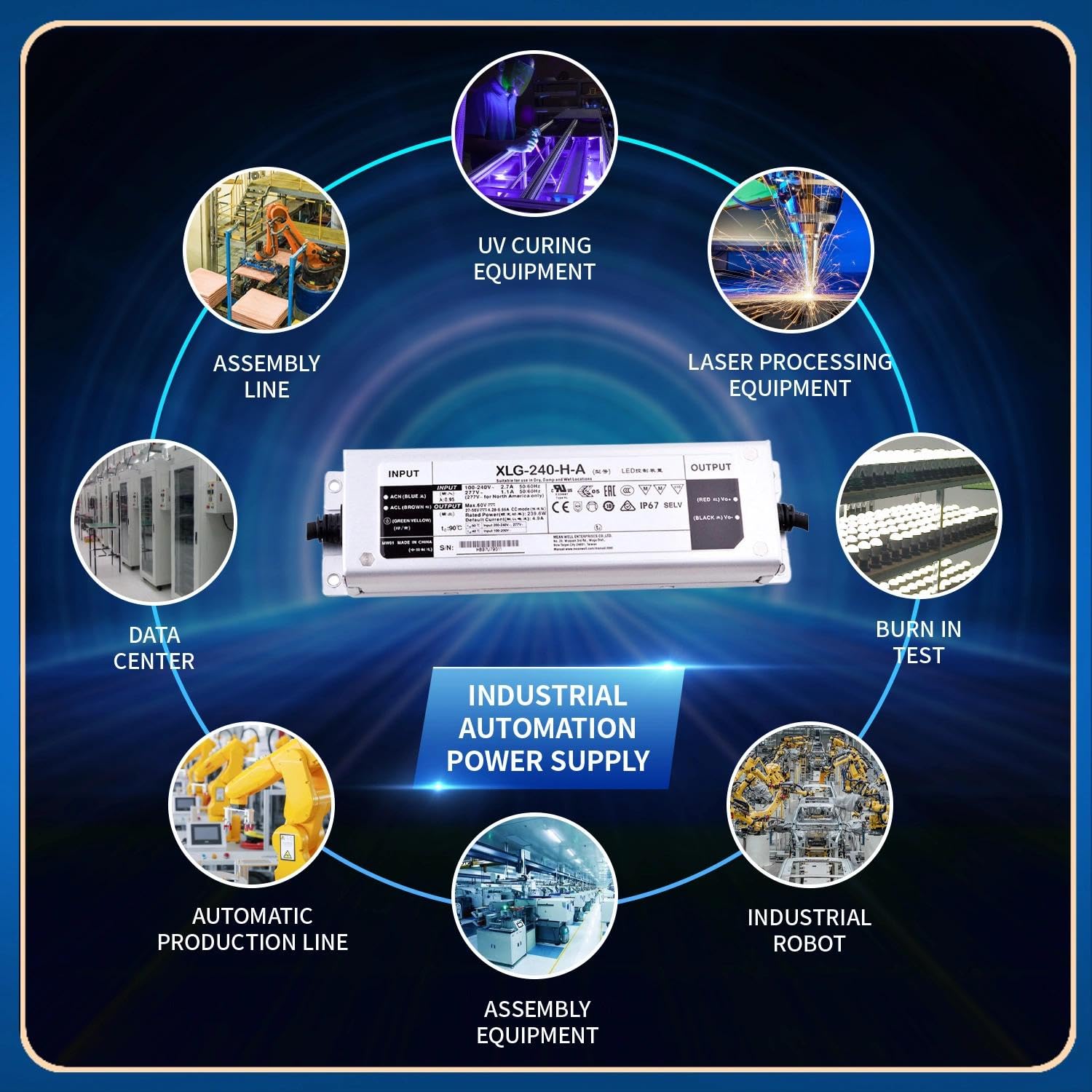 XLG-240-H-A 240W IP67 Waterproof LED Driver, 100-305V AC Input, 27-56V DC Output, 4.9A Constant Power for Outdoor Street Lights, Landscape & Industrial Lighting