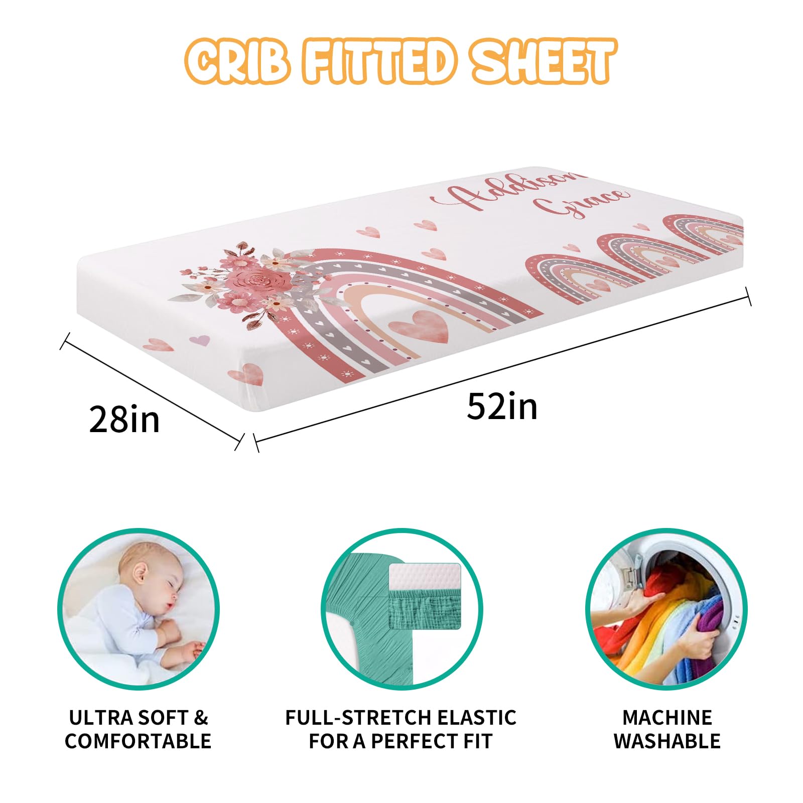 Juego de ropa de cama personalizado para cuna de bebé, juego de 5 piezas para cuna de bebé, diseños de arco iris, manta con nombre personalizado con respaldo de puntos, sábana para cuna, funda de
