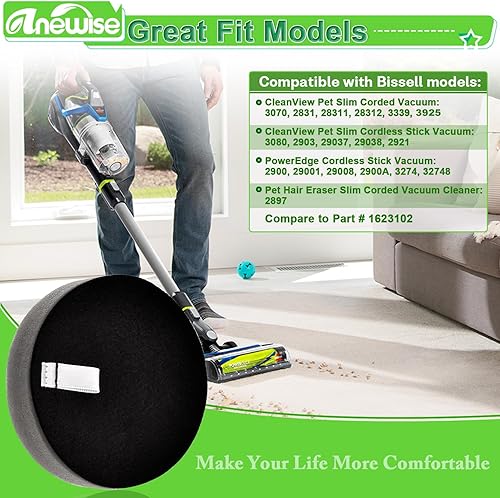 Miniatura 2 de Filtro 3070 para Bissell para Cleanview Pet Slim 2831 3080 2921 3925 borrador de pelo de mascotas Slim 2897 Poweredge 2900 3274 con cable, paquete