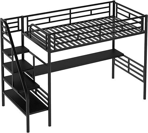 Miniatura 4 de DNYN Stiarway - Cama alta de metal de tamaño individual con escritorio y barandillas de seguridad para dormitorio de niños y adultos marco de cama