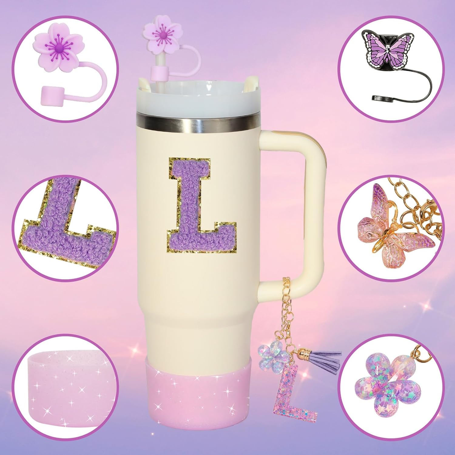 Stanley Cup Accessories Set, Compatible with 30oz & 40oz, Includes Straw Cover, Boot, Spill Proof Stopper, Handle Charm, Sticker Letter (Letter L) - Image 4