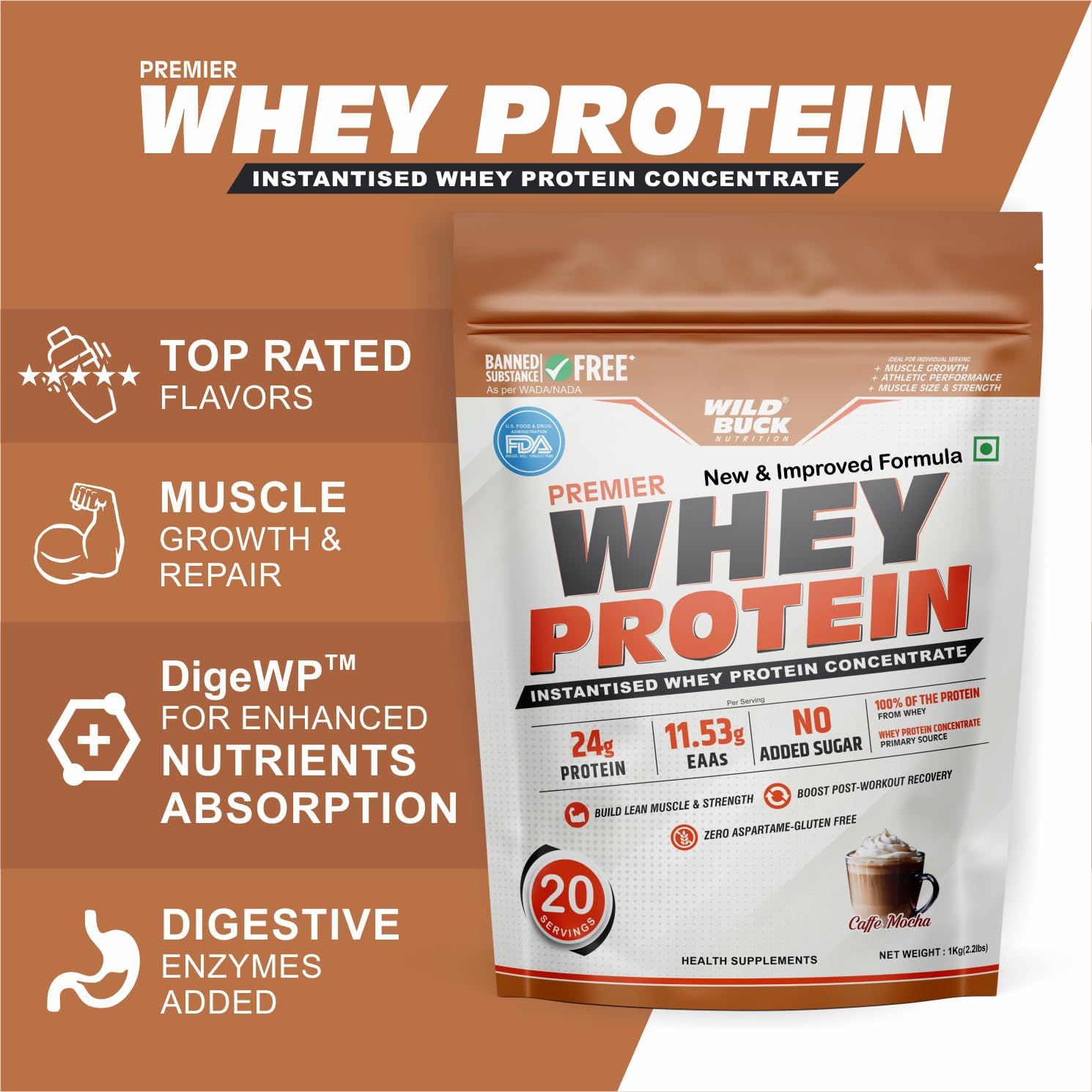 Wild Buck Nutrition Premier Whey Protein Powder 1kg – 24g Protein, 11.53g EAAs, 5.43g BCAAs | Instantised Whey Concentrate | No Added Sugar | Muscle Building & Post Workout Recovery | Gym Protein for Men & Women | Strength & Lean Muscle | Café Mocha Flavor — Amazon image 2