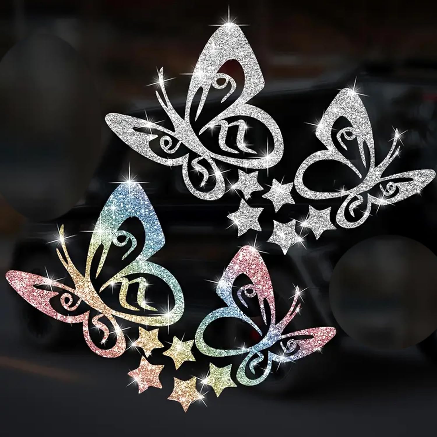 2pcs Sparkling Butterfly Star Sunflower Self-Adhesive PVC Rainbow Glittery Decal Sticker for Cars, Laptops, Trucks, Motorcycles Wall Window Luggage Scratch Cover Door Multi-Surface Decor Sticker