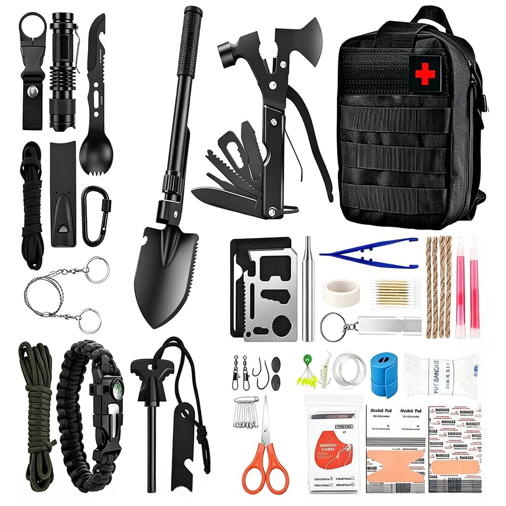 Trousse de survie avec trousse de premiers secours, hache et pelle, sac noir (2 kg)