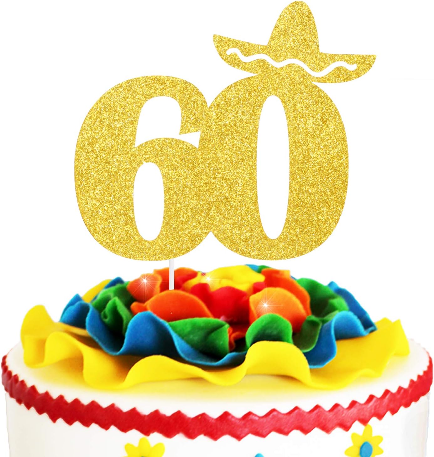 Fiesta 60th Birthday Cake Topper - Gold Glitter Mexican Summer Fiesta Cake Supplies - Cheers To Fabulous 60 - Sixty Days Anniversary Party Decoration