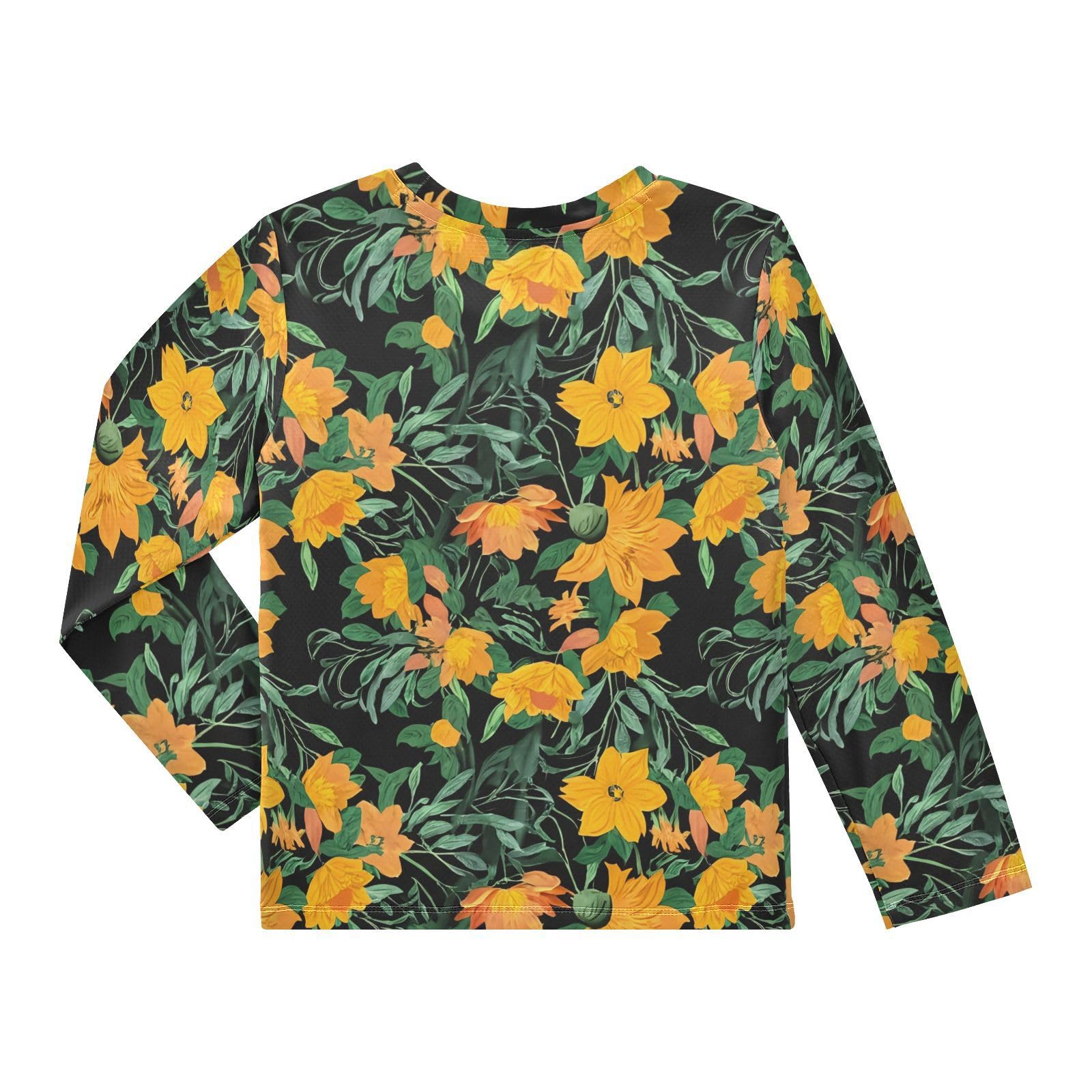 DOMIKING Orange Floral Blossom Foliage Boys Long Sleeve Rashguard Shirt Kids Quick Dry Swim Shirt for Kids Toddler 9-10T