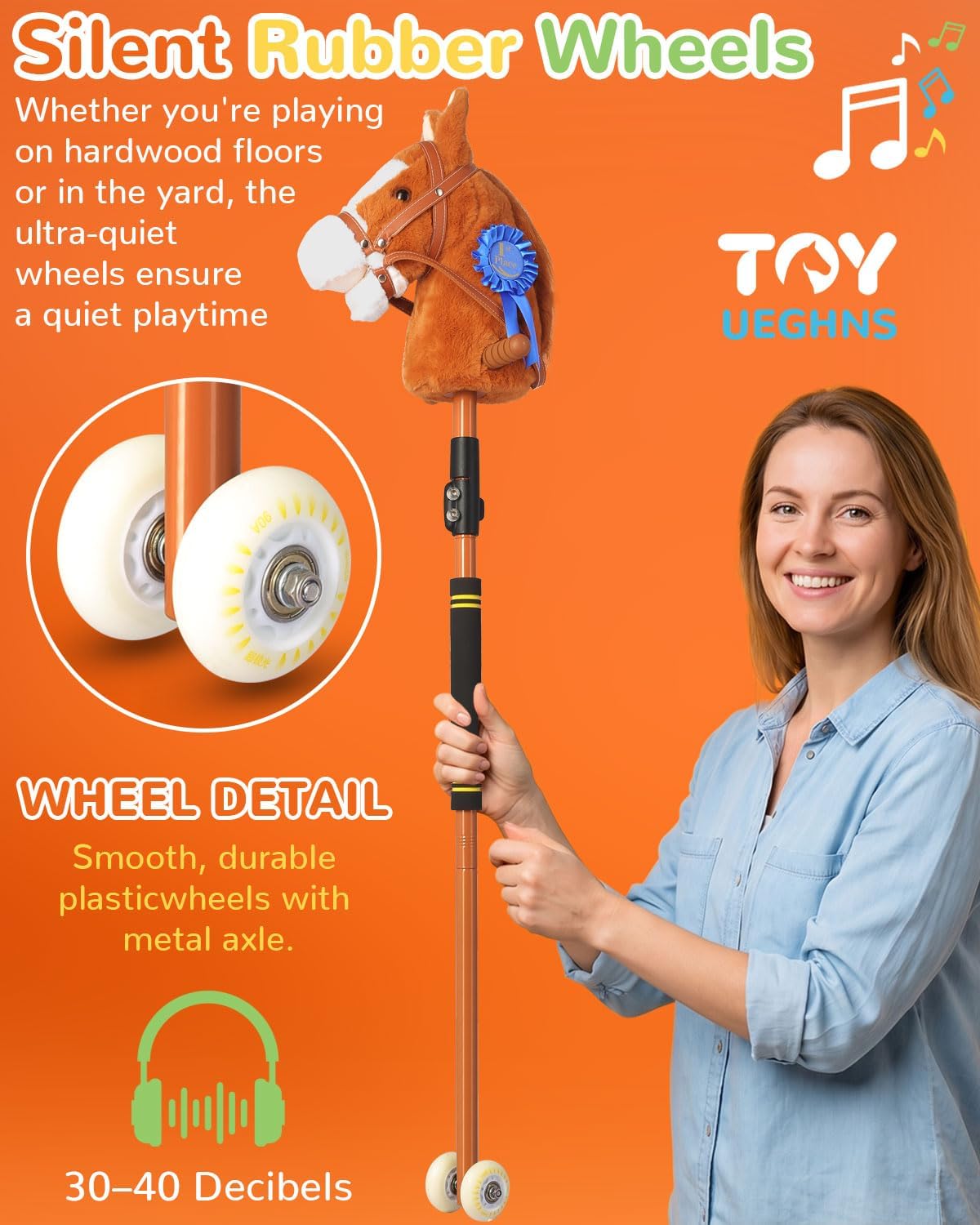 Stick Horse, Hobby Horse on a Stick for Kids Ages 4-12 Adjustable 30-52" with Illuminated Silent Wheels Comfortable Sponge Wrapped complimentary AA Batteries Realistic Horse neighs.