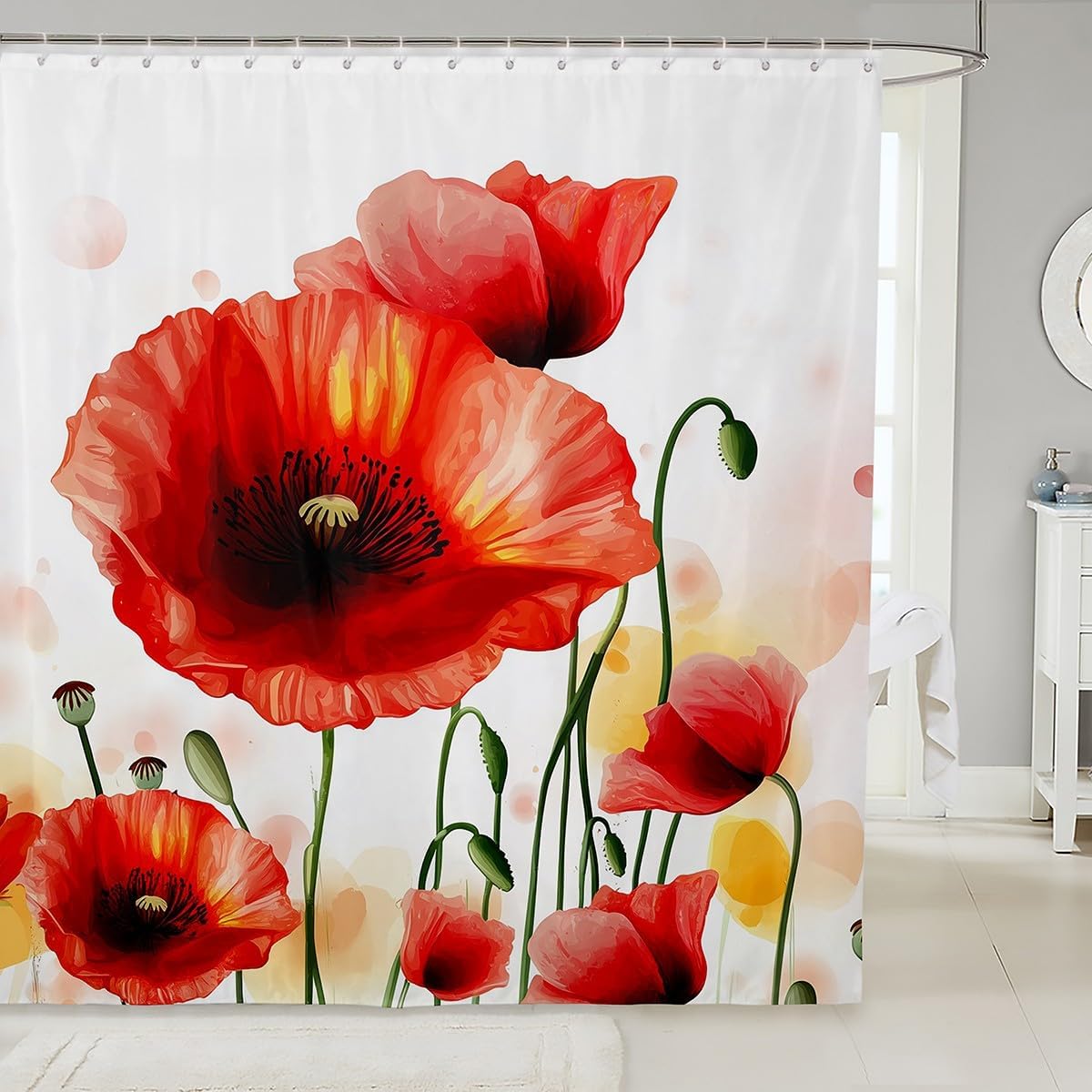 Erosebridal Poppy Shower Curtain, Red Flower Petal Bath Curtain for Kids Boys Adult Women, Floral Nature Garden Theme Decor Collection, Cloth Fabric Bathroom Decor Set with Hooks, 72" W X 78" L