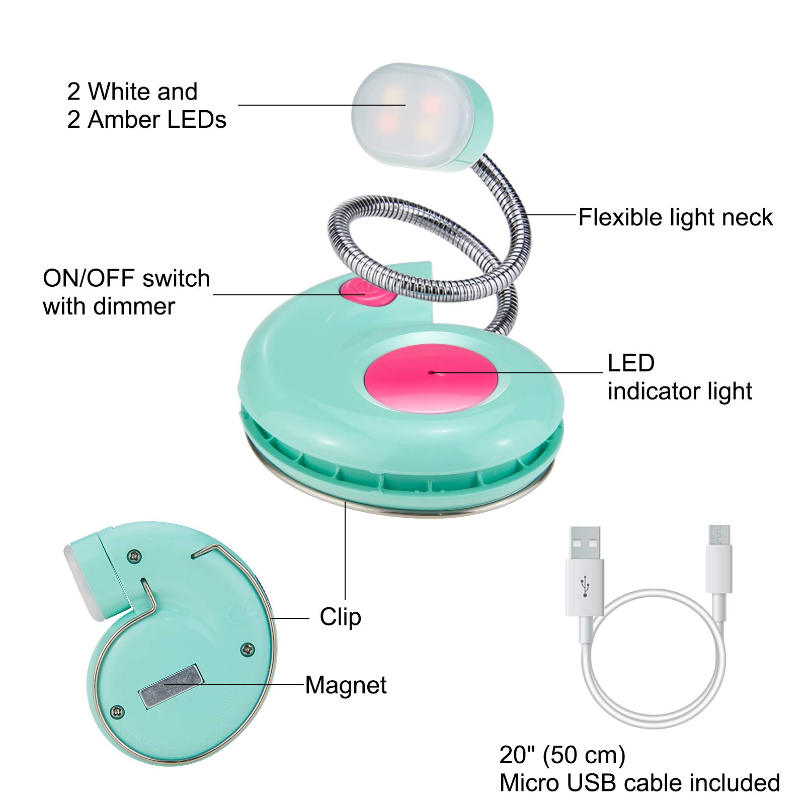 HONGUT Kids Book Light, Clip-on Reading Light, USB Rechargeable, 3 Dimmable Modes, Blue