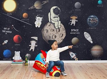 Murwall Kids Wallpaper Space Wall Mural Astronaut and Planets Wallpaper Animals Wallpaper Kids Room Nursery