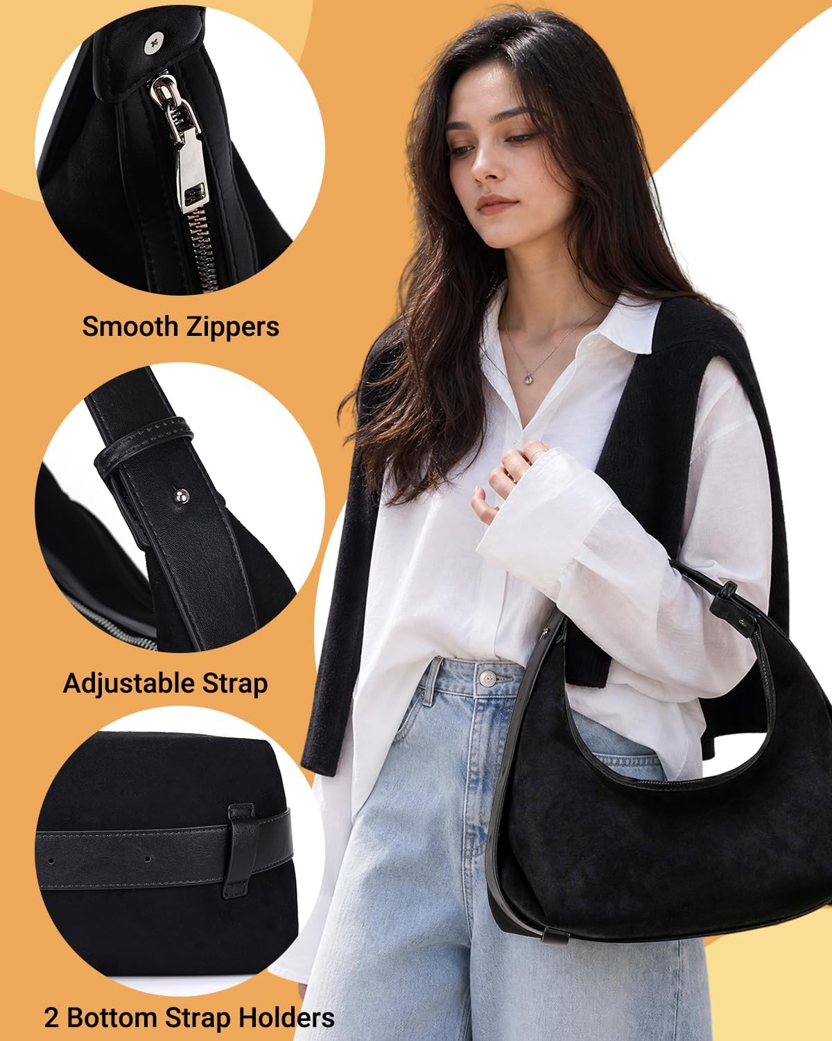 Herald Suede Crescent Hobo Bag for Women with Adjustable Strap | Medium Convertible Crossbody Shoulder Purses Handbag with Adjustable Strap