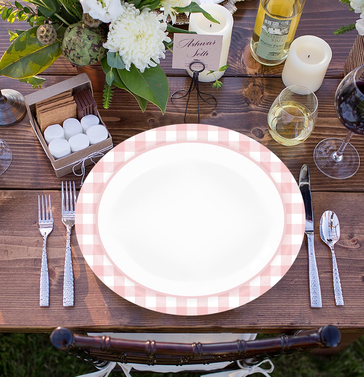 HEIPINIUYE 50 Pieces Light Pink Gingham Oval Paper Plates 10 X 12 Inch Pink and White Plates Disposable Dinner Plates for Picnic Wedding Baby Shower Birthday Party Dessert Plates